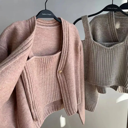 Camis Crop Knitted Cardigan Sweater Jumper 2 Piece Tops