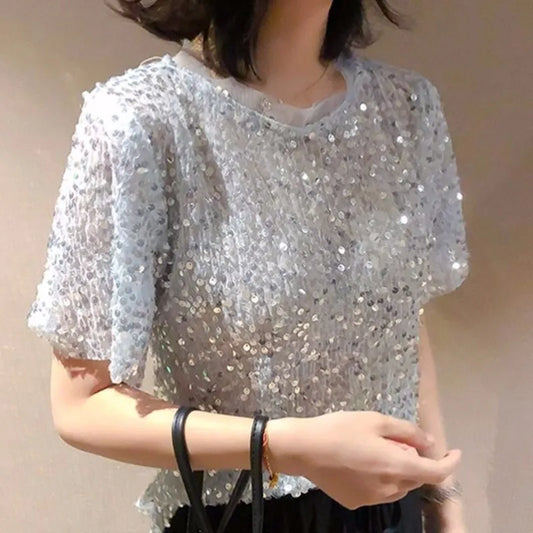 Bling Shiny Round Neck Short-sleeved T-shirt