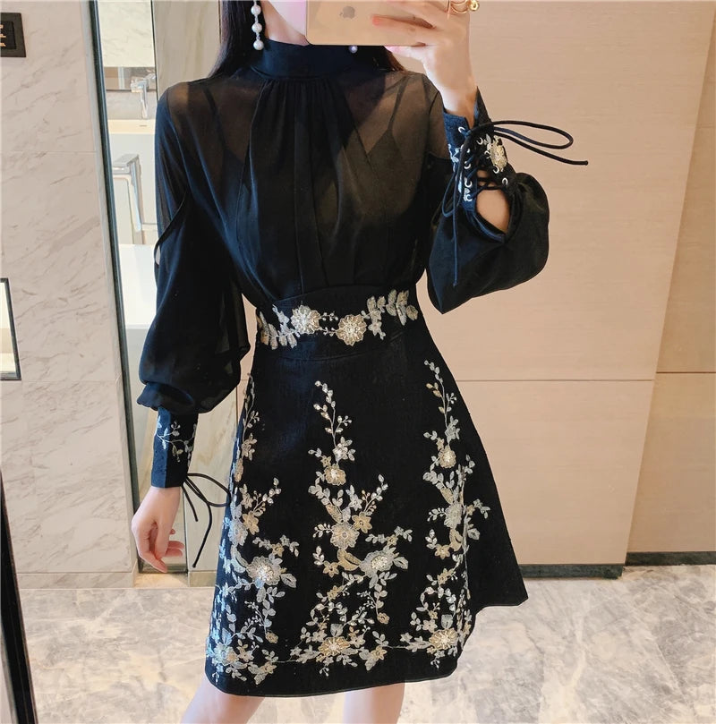 Chiffon Stand Collar Bow Shirt with Vintage Embroidery Diamonds A Line Suit