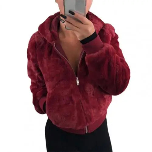 Plush Hoodie With Pocket Faux Fur Jacket
