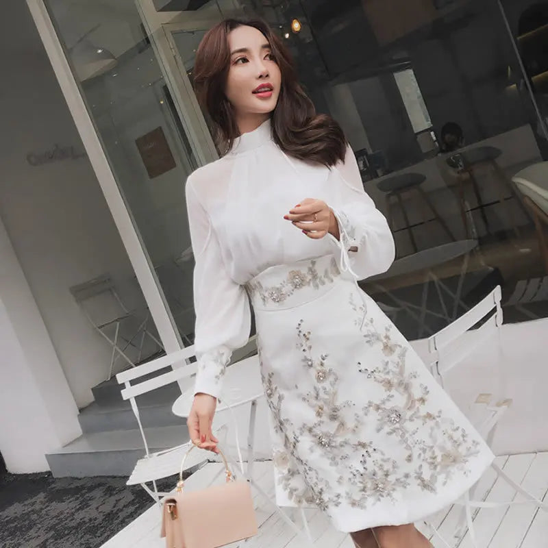 Chiffon Stand Collar Bow Shirt with Vintage Embroidery Diamonds A Line Suit