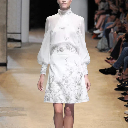 Chiffon Stand Collar Bow Shirt with Vintage Embroidery Diamonds A Line Suit