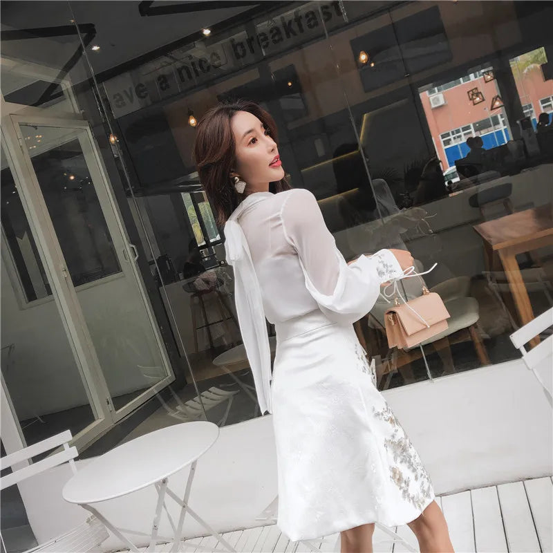 Chiffon Stand Collar Bow Shirt with Vintage Embroidery Diamonds A Line Suit