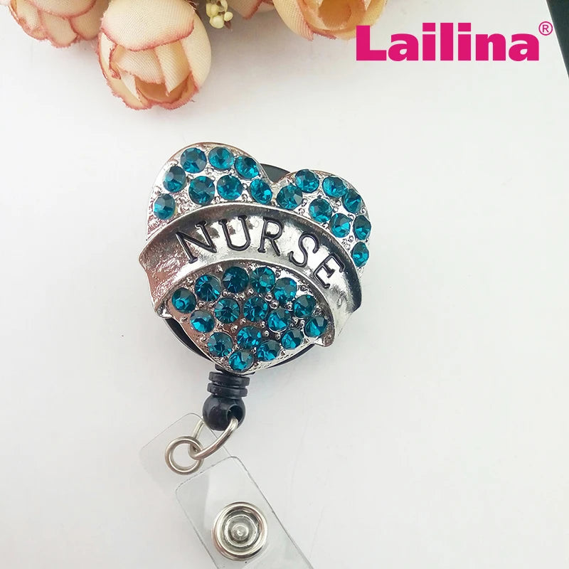 Custom Mixed heart shape Bling Rhinestone Retractable ID Badge Holder for Nurse