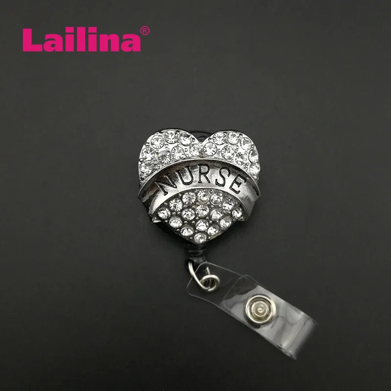 Custom Mixed heart shape Bling Rhinestone Retractable ID Badge Holder for Nurse