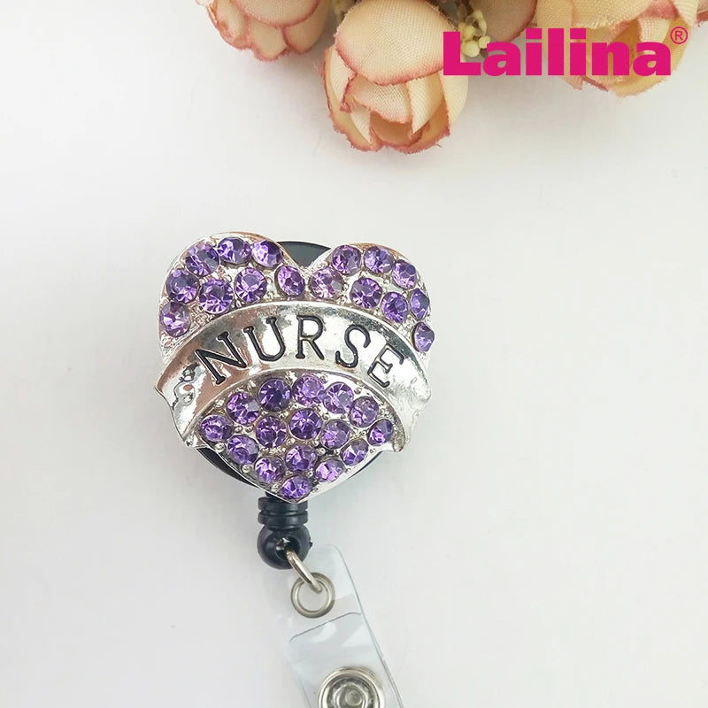 Custom Mixed heart shape Bling Rhinestone Retractable ID Badge Holder for Nurse