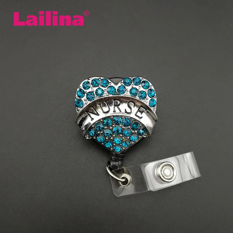 Custom Mixed heart shape Bling Rhinestone Retractable ID Badge Holder for Nurse