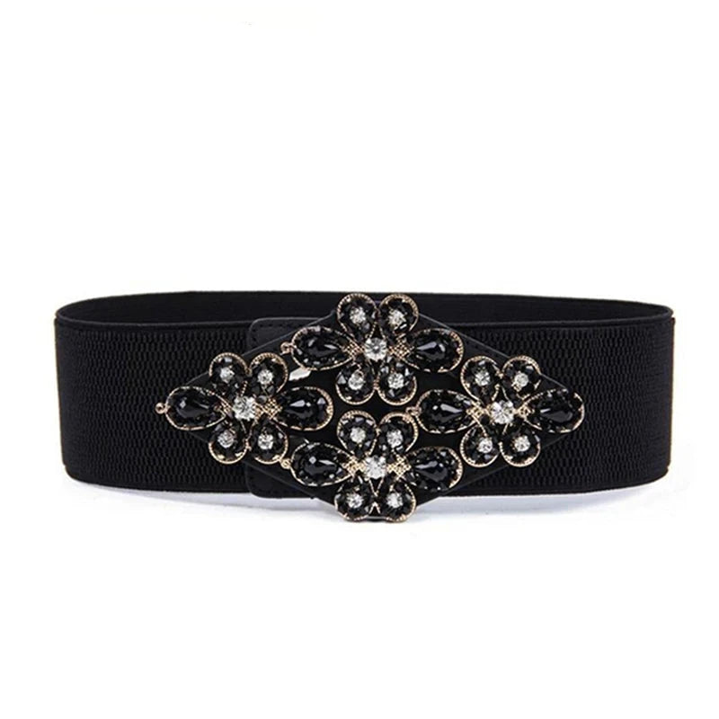 Large Rhinestone Brootch Wide Elastic Belt