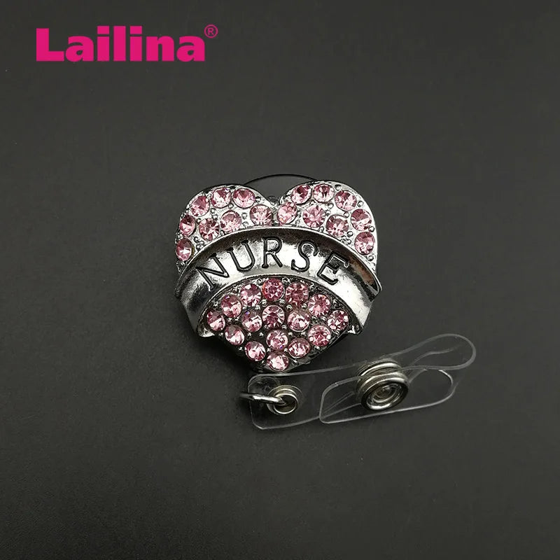 Custom Mixed heart shape Bling Rhinestone Retractable ID Badge Holder for Nurse