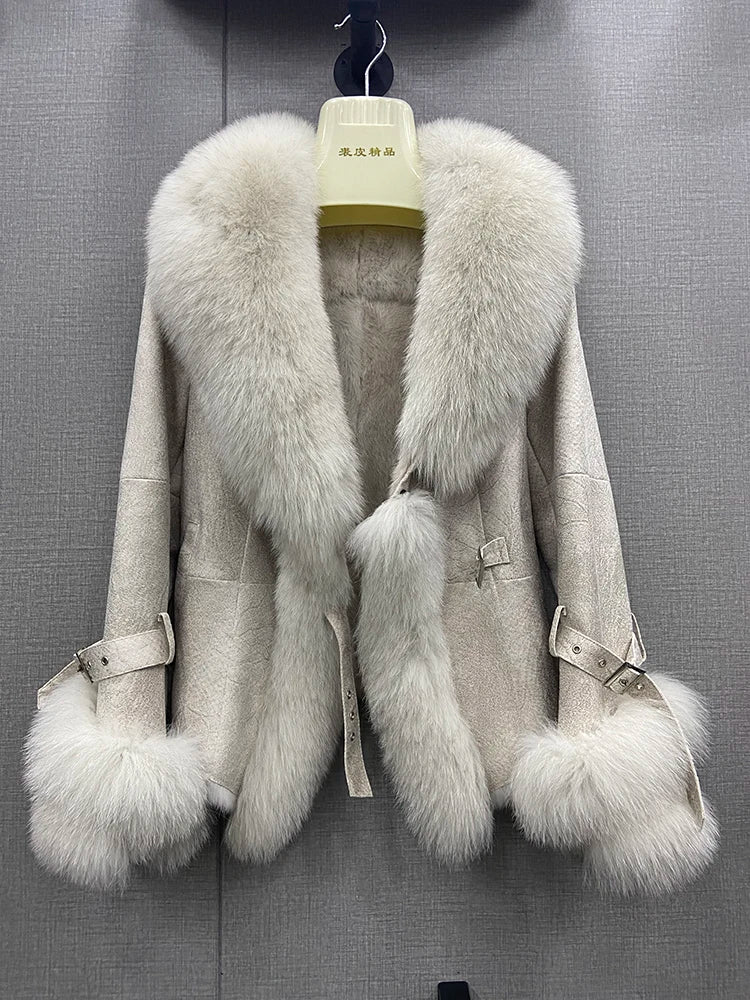 Winter Real Fox Fur Collar Coat Skin Real Rabbit Fur Inner Warm Jackets