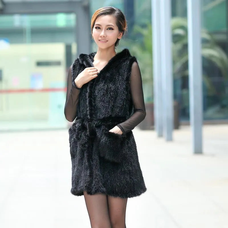 Genuine knitted hooded mink fur vest