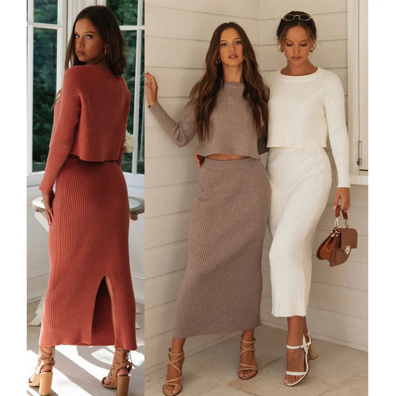 Sweater Crop Tops & Knitted Skirts Bodycon  2PCS Suits