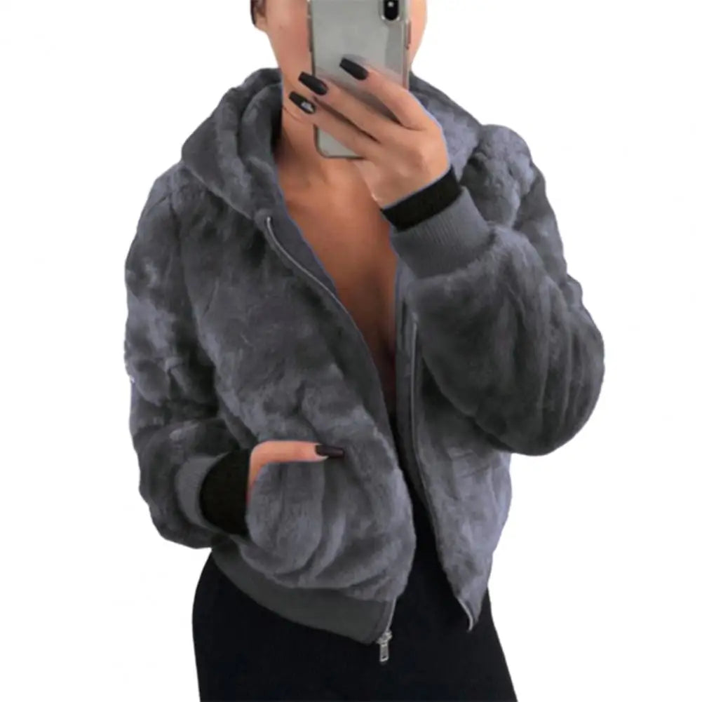 Plush Hoodie With Pocket Faux Fur Jacket