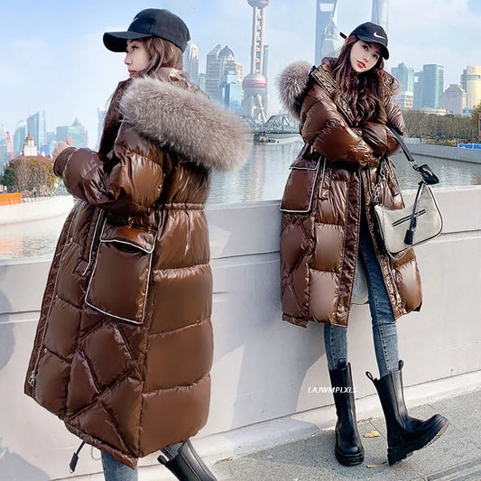 Winter 90% White Duck Down Jacket Real Raccoon Fur Hooded Collar