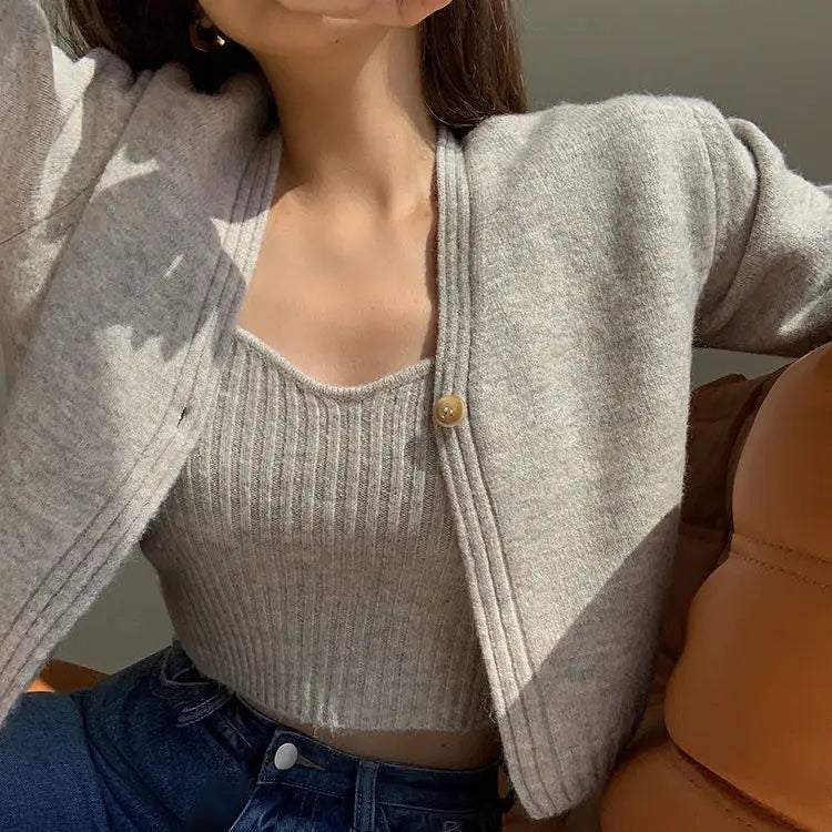 Camis Crop Knitted Cardigan Sweater Jumper 2 Piece Tops