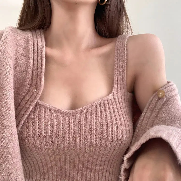 Camis Crop Knitted Cardigan Sweater Jumper 2 Piece Tops