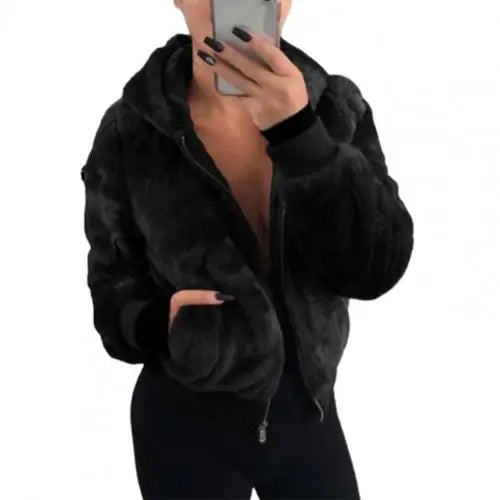 Plush Hoodie With Pocket Faux Fur Jacket