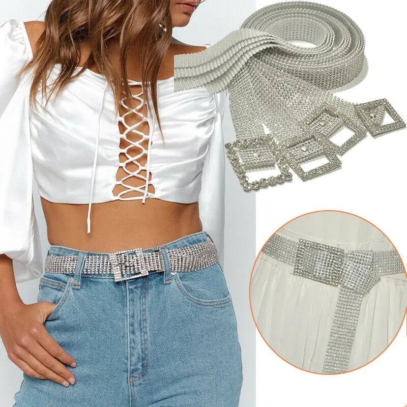 Ladies Shiny Crystal Wide Chain Belt