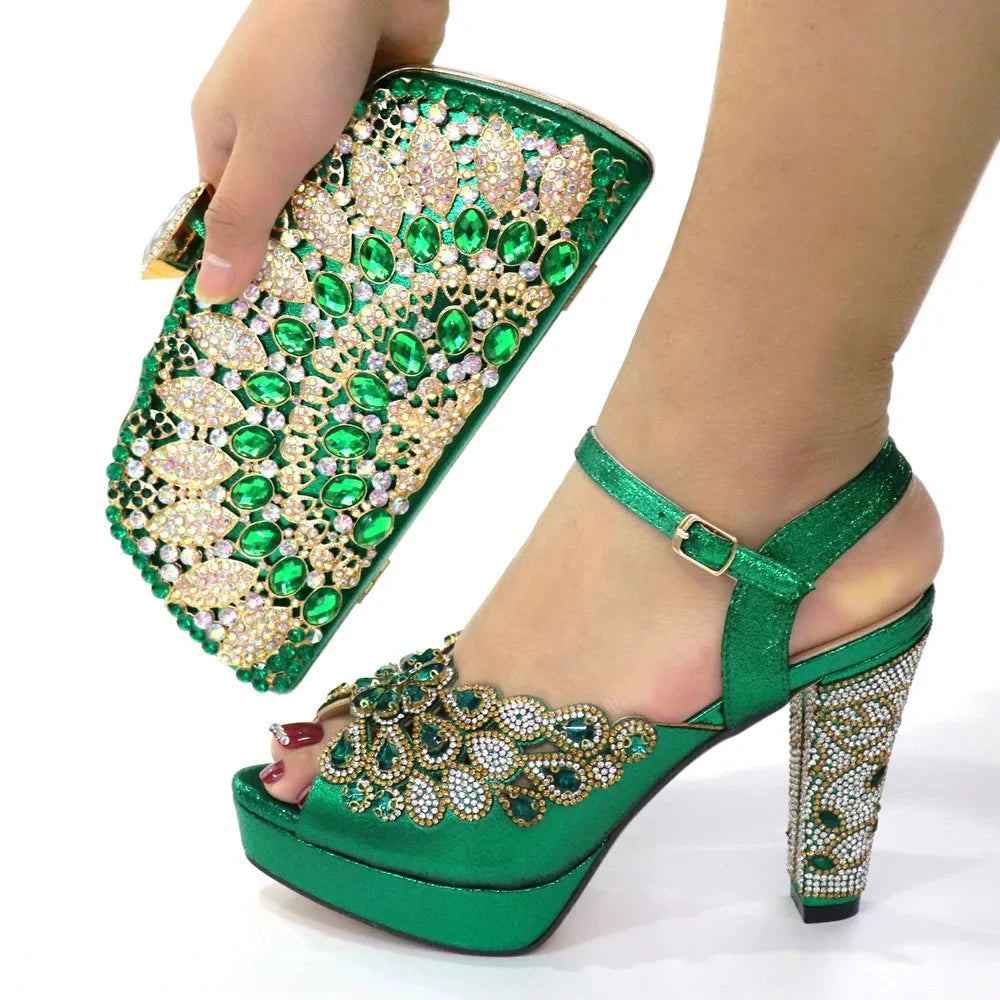 Decorative Peacock Rhinestone Shoes and  Matching Bags Set