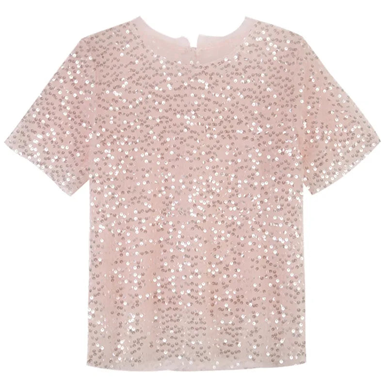 Bling Shiny Round Neck Short-sleeved T-shirt