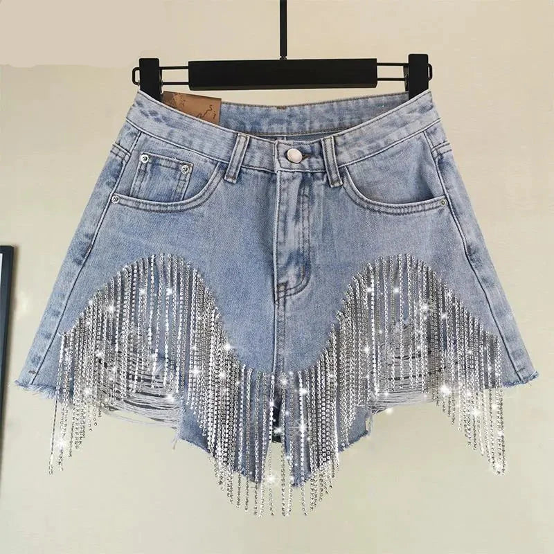 Tassel Rhinestone Denim Shorts