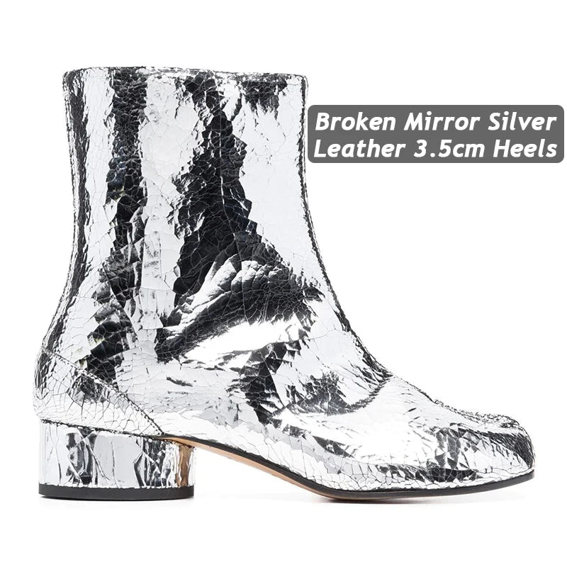 Genuine Leaher Broken Mirror Silver Chunky Heels Booties