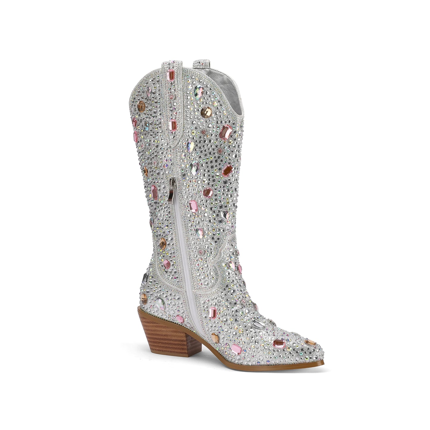 New Women's Pointed Toe Mid-Tube Rhinestone Western Cowboy Boots