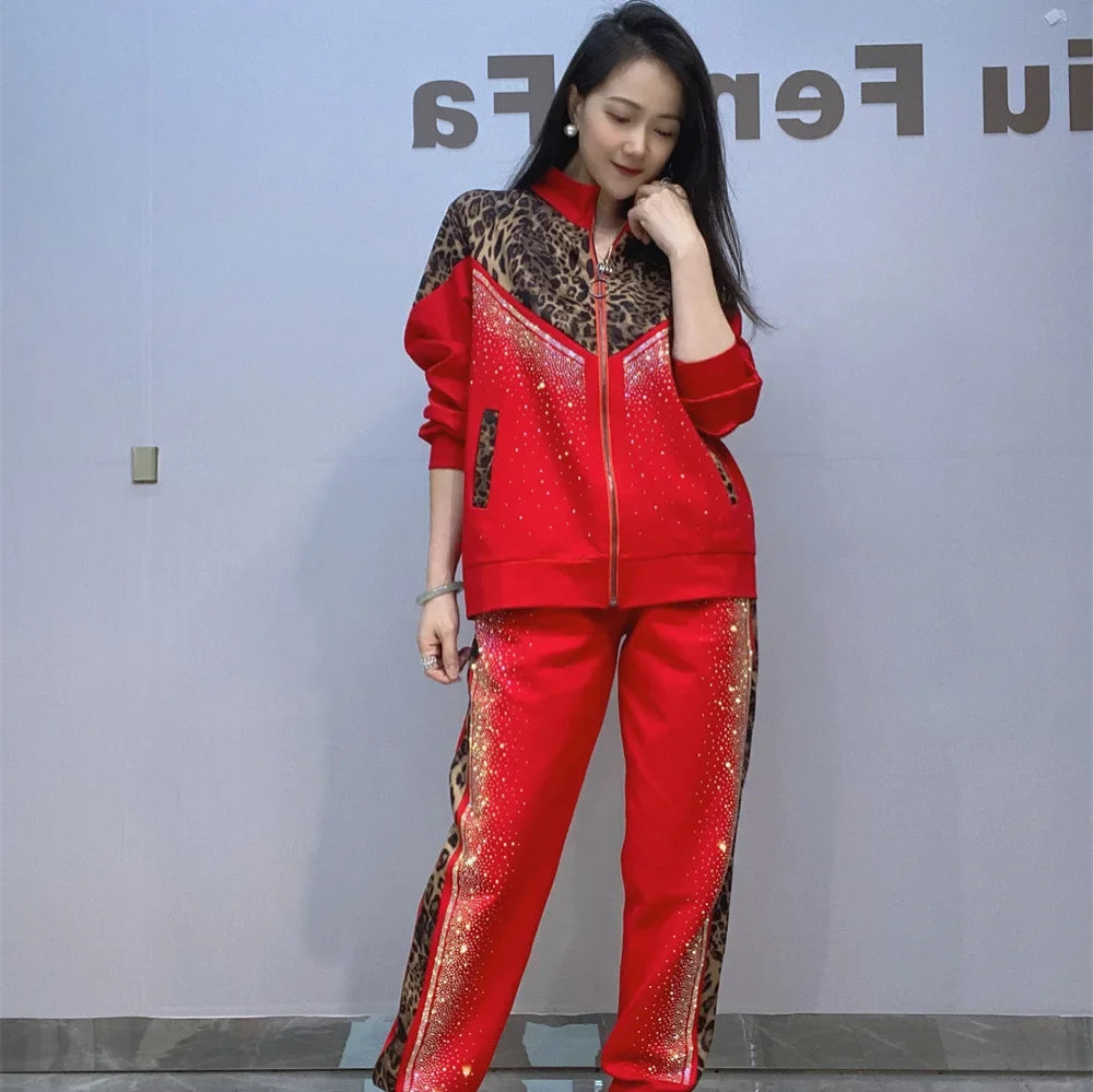 Leopard Printed Drilling Coat Sequined Diamonds Jacket Suits 2pcs Set
