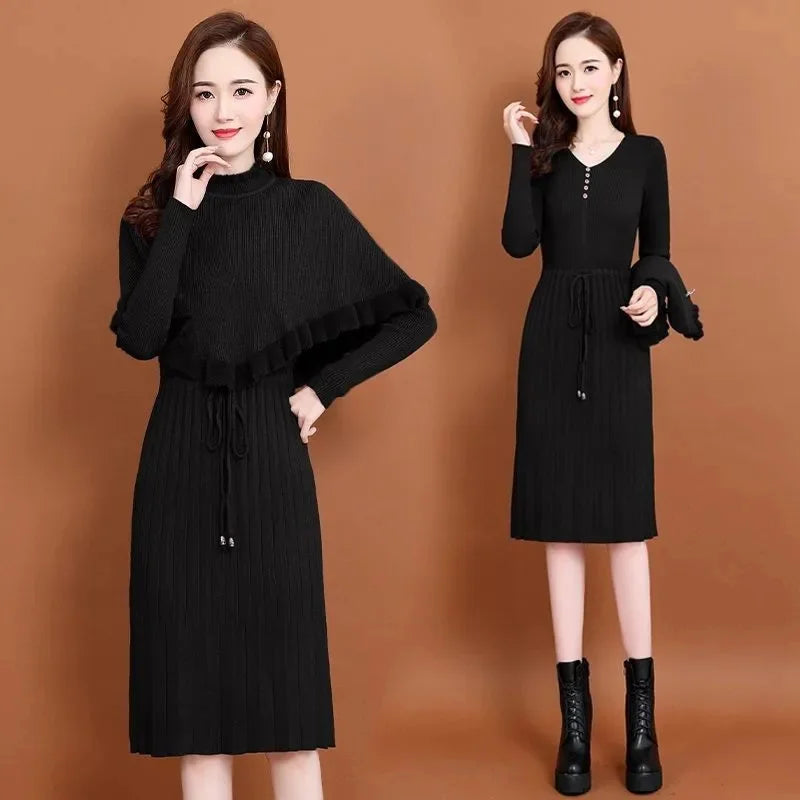 Long Sweater Dress Pullovers Warm Knitted Pullover Dresses + Sweaters Vest Two Pieces Set