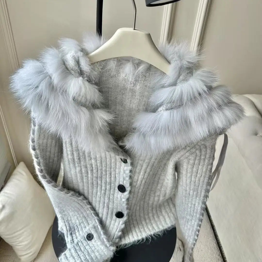 Vintage Faxu Fur Coat Patchwork Casual Knitted Sweater