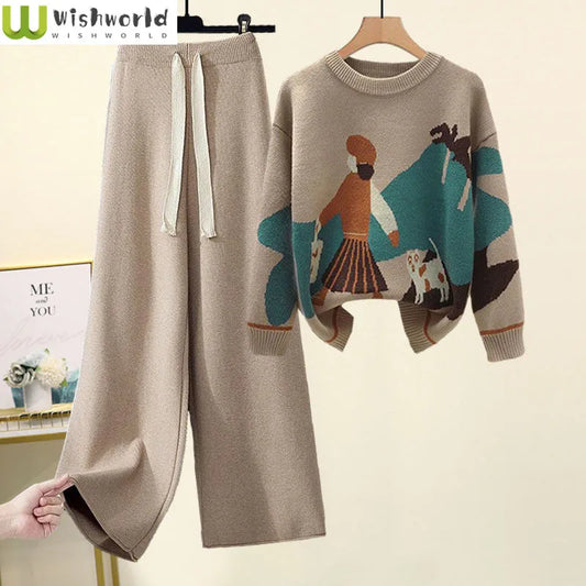 Printed  Knitted Sweater Loose and Slimming Casual Pants Two Piece Set