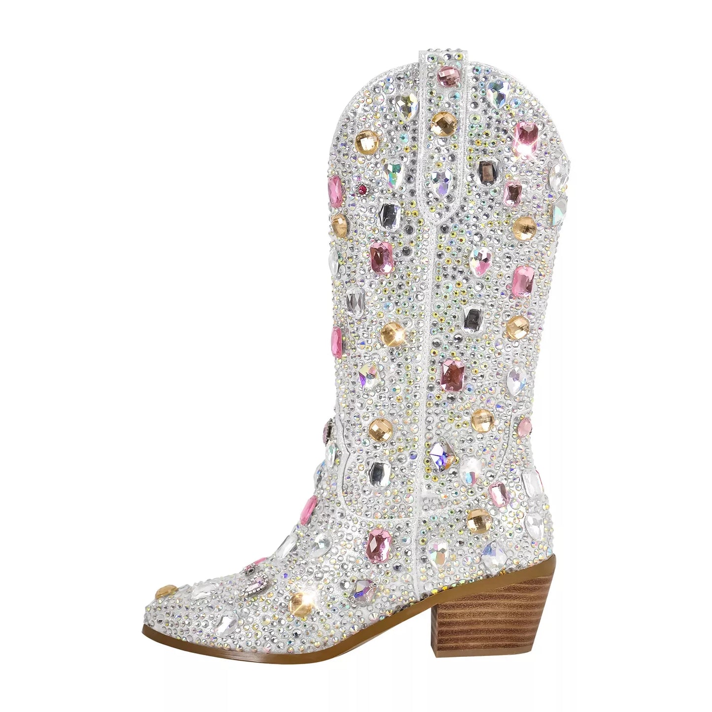 New Women's Pointed Toe Mid-Tube Rhinestone Western Cowboy Boots