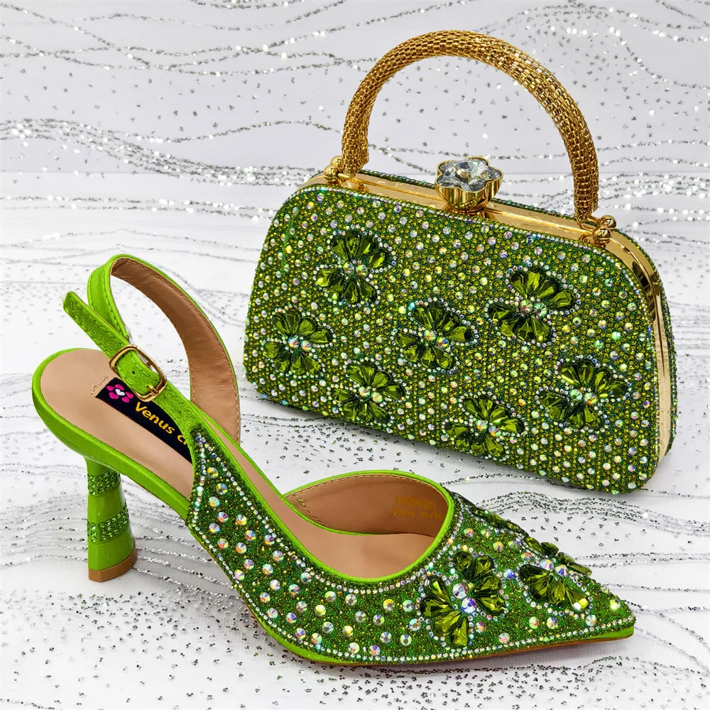 Venus Chan 2025 Women’s High Heel and Rhinestone Handbag Set - Italian Design