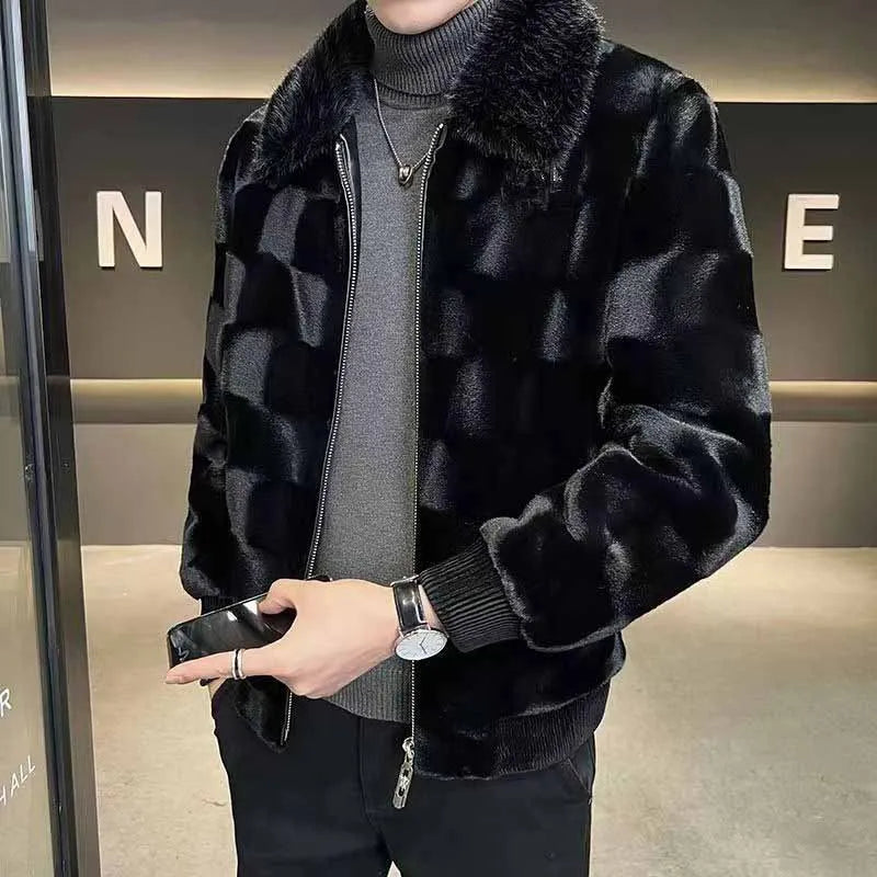 Winter Short Deluxe Imitation Fur Jacket Men Turn-Down Collar Black Soft Warm Faux Fur Coat Men Long Sleeve Fluffy Jackets 2025