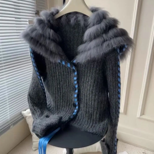 Vintage Faxu Fur Coat Patchwork Casual Knitted Sweater
