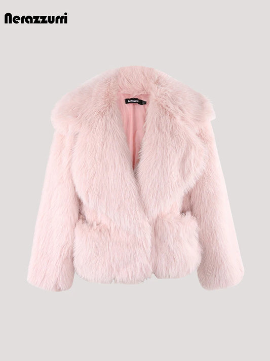 Casual Thick Warm Faux Fur with Big Collar and Pockets Fluffy Jacket