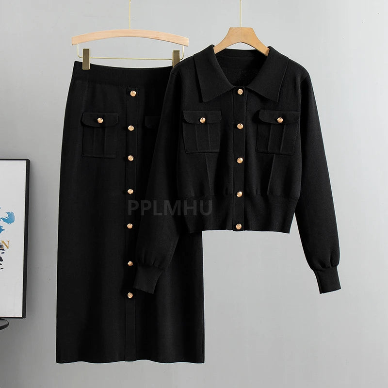 Chic Polo Collar Short Sweater Cardigan 2 Piece Sets
