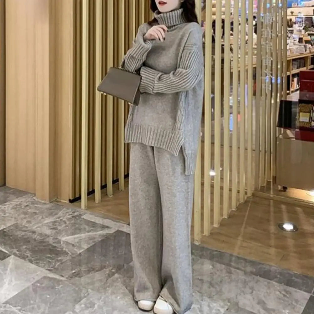 2Pcs Turtleneck Sweater Straight Wide Leg Pants Set