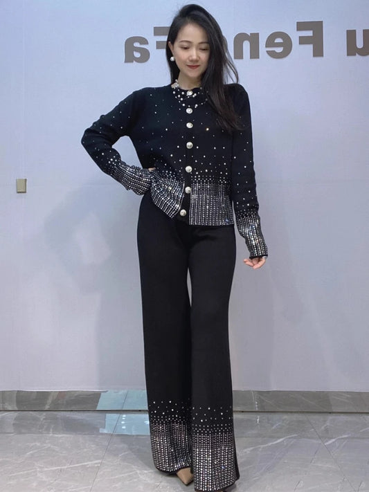 Diamond Studded Knitted Cardigan Sweater Wide Leg PantsTwo Piece Sets