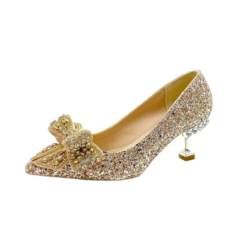 Rhinestone Bow Pump with Decorative Heel