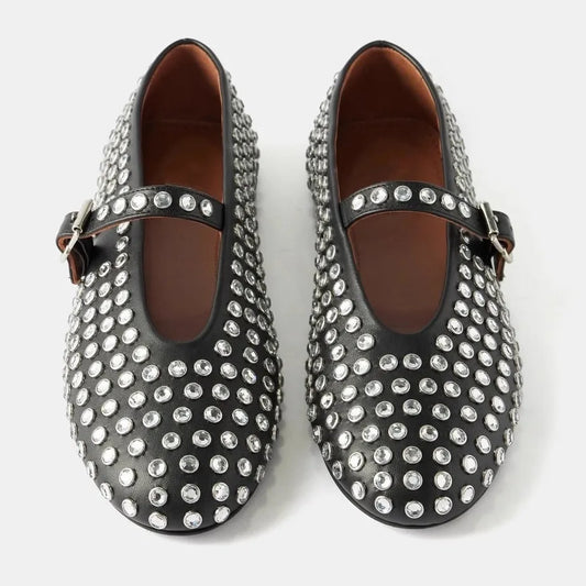 Rhinestone Full Belt Buckle Round Toe Flat Shoes