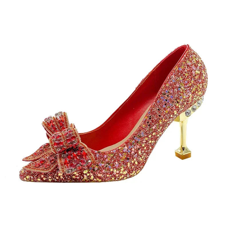 Rhinestone Bow Pump with Decorative Heel