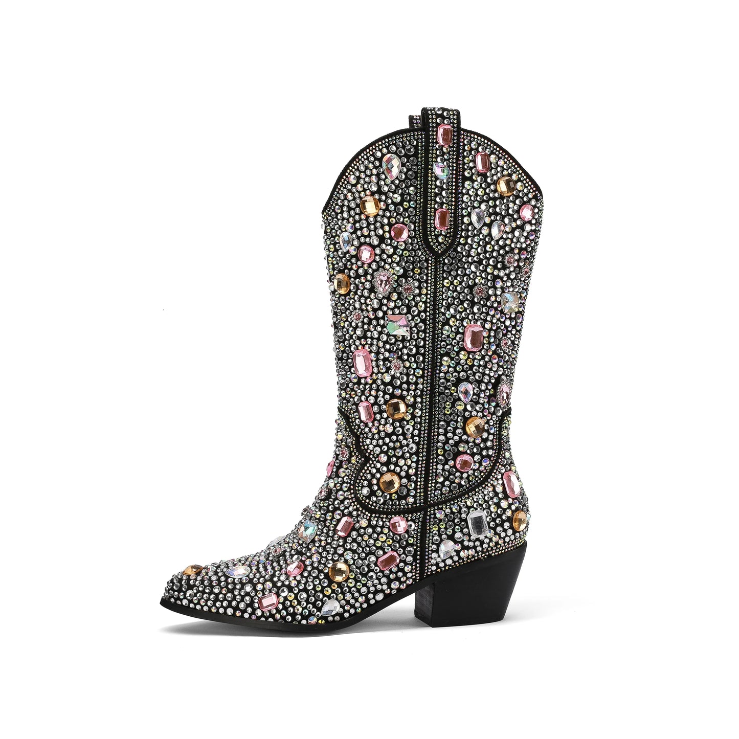 New Women's Pointed Toe Mid-Tube Rhinestone Western Cowboy Boots