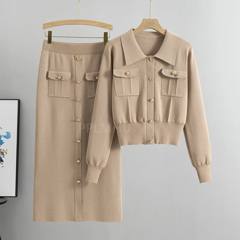 Chic Polo Collar Short Sweater Cardigan 2 Piece Sets