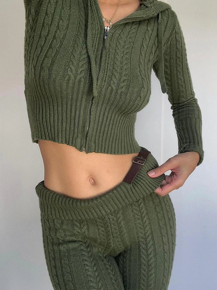 Knitted Long Sleeve Zipper Hooded Two Piece Sets