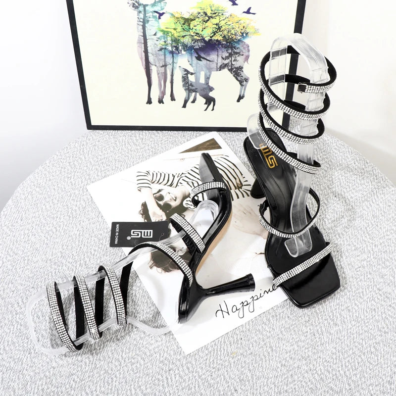 Rhinestone Spiral Strap High-Heeled Sandals