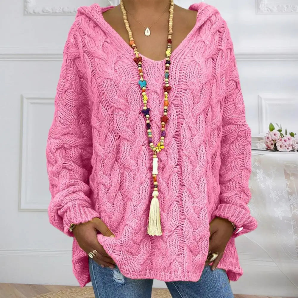 Hooded V-Neck Long Sleeves Twist Knitted Hoodie
