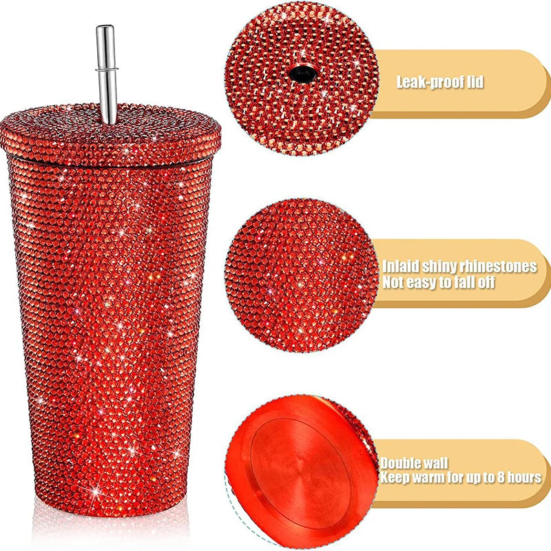 500ml Straw Cup With Lid Reusable Rhinestone Stainless Steel Double Layer Thermos Cups