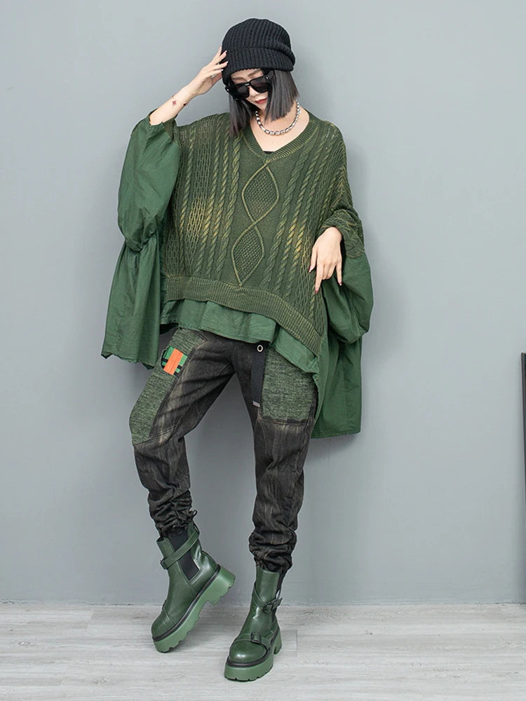 Irregular Big Size Knitting Sweater V-Neck Long Sleeve Women Pullovers