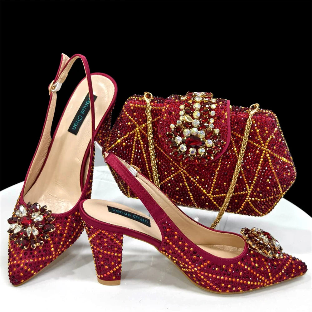 Italian Design Slingback Shoes And Bag Set Decorated with Rhinestone